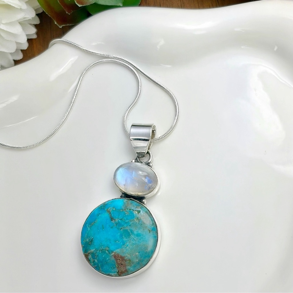 Rainbow Moonstone Turquoise Pendant Sterling Silver 925 Southwest Style - Picture 6 of 9